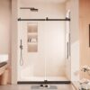 Shower Door, Sliding Shower Door with Explosion-Proof Film Clear Glass, Frameless Tempered Glass Shower Door with Stainless Steel Handle & Waterproof Seal Strip Parts