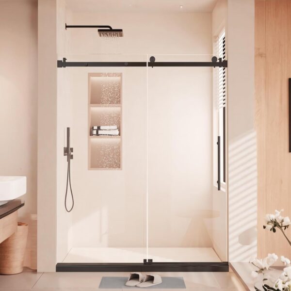 Shower Door, Sliding Shower Door with Explosion-Proof Film Clear Glass, Frameless Tempered Glass Shower Door with Stainless Steel Handle & Waterproof Seal Strip Parts