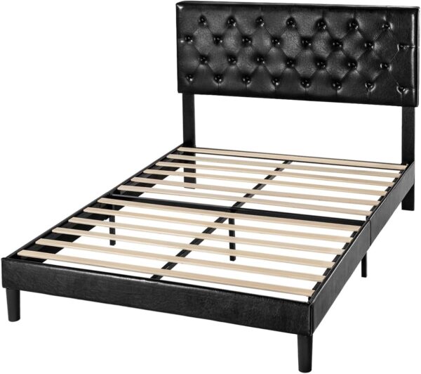 SHA CERLIN Queen Size Platform Bed Frame with Button Tufted Headboard, Faux Leather Upholstered Mattress Foundation, Wooden Slat Support, No Box Spring Needed, Black