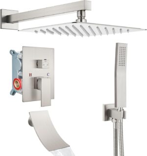 Airuida Brushed Nickel Bathtub Rain Shower System Set 3 Function Mixer Shower Faucet with Waterfall Tub Spout 10 Inch Wall Mount Rainfall Showerhead Handheld Combo Set Rough-in Valve Included