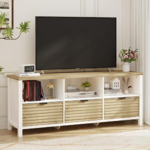 BON AUGURE TV Stand for 65/55/50 Inch TVs, Fluted Wood Media Console for Living Room Bedroom, Farmhouse Entertainment Center with Storage Drawers and Cube Shelves (White Oak)