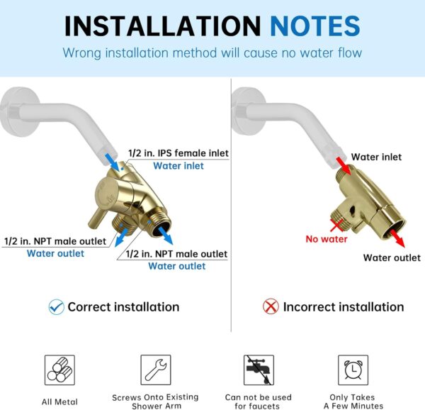 G-Promise Solid Metal Shower Arm Diverter for Hand Held Showerhead and Fixed Spray Head, G 1/2 3-Way Bathroom Universal Diverter System Replacement Part(Polished Gold)
