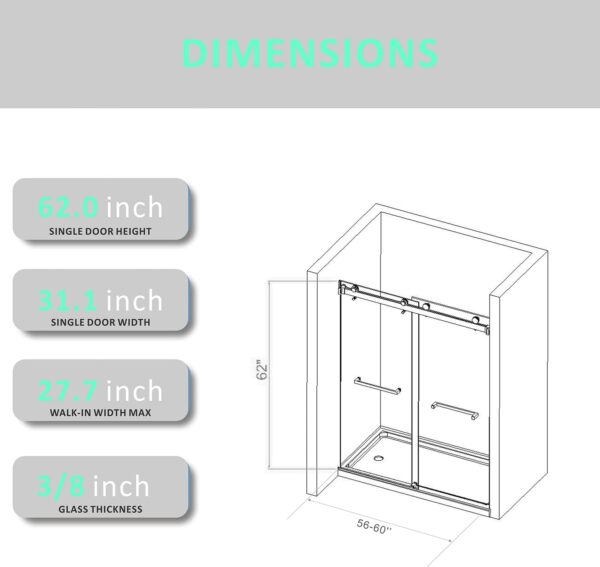 Brushed Nickel Frameless Double Sliding Shower Door 56-60'' W x 62'' H,Glass Door for Bathtub with 3/8" (10mm) Clear SGCC Tempered Glass,Stainless Steel Hardware