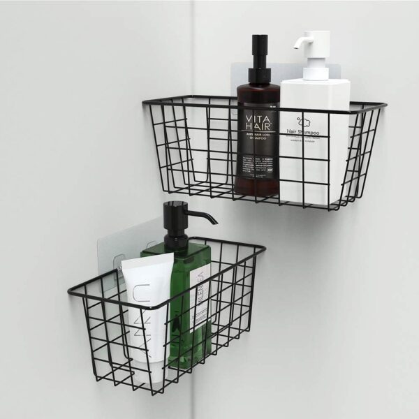MaraFansie Hanging Kitchen Baskets Wire Storage Basket Over the Cabinet Door Organizer, No Drilling Adhesive Basket for Cabinet Pantry Organization and Kitchen, Bathroom, Storage, 2 Pack, Black