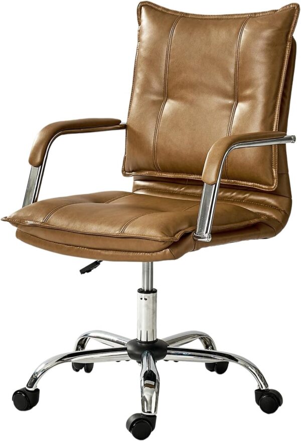 HULALA HOME Faux Leather Home Office Desk Chair, Adjustable Swivel Computer Chair with Sliver Legs and Arms, Comfy Upholstered Task Chair(Camel)