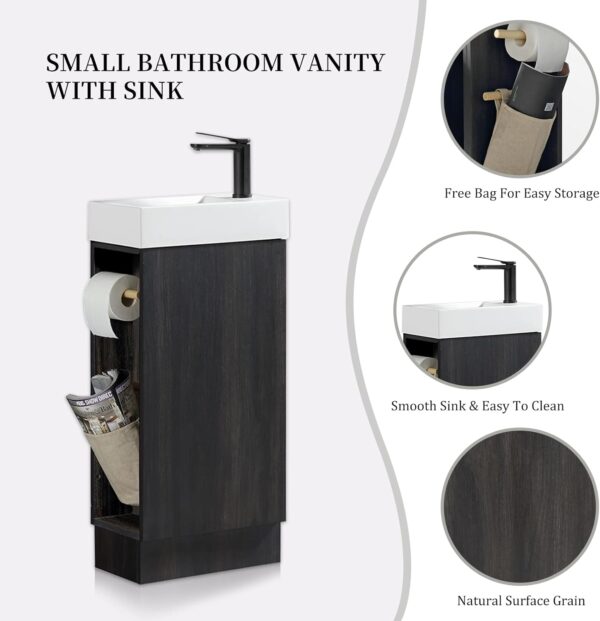 16“ Bathroom Vanity Sink Combo for Small Space, Modern Floor Standing Small Bathroom Vanity with Sink, Bathroom Cabinet Set with 2 Toilet Paper Holders, Black Wallnut