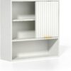 Fluted Bathroom Wall Cabinet, Wooden Medicine Cabinet with Sliding Door Adjustable Shelf, Modern Bathroom Wall Mounted Cabinet Kitchen Living Room, White