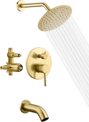sumerain Pressure Balance Shower and Tub Faucet Set Brushed Gold with Tub Spout, 8" Shower Head, High Flow