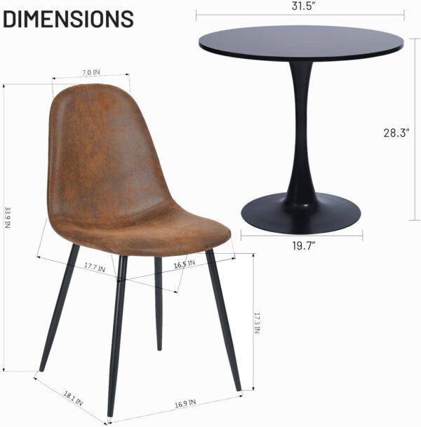 Dining Table Set for 4, Round Kitchen Table with Pedestal Base and 4 Suede Fabric Chairs, 5 Piece Kitchen Table Sets for 2-4 People, Dining Room Table and Chairs, Black Table, Brown Chairs