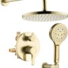 Brushed Gold Shower Faucet Set, Wall Mount Rain Shower System 10 Inches, and Handheld Shower Head Combination, Included Rough-in Valve and Trim Kit