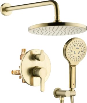 Brushed Gold Shower Faucet Set, Wall Mount Rain Shower System 10 Inches, and Handheld Shower Head Combination, Included Rough-in Valve and Trim Kit