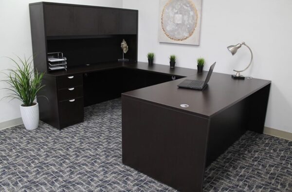 Boss Office Products Executive U-Shape Desk with File Storage Pedestal and Hutch, 66", Mocha