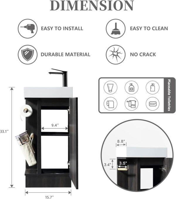 16“ Bathroom Vanity Sink Combo for Small Space, Modern Floor Standing Small Bathroom Vanity with Sink, Bathroom Cabinet Set with 2 Toilet Paper Holders, Black Wallnut