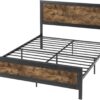 SHA CERLIN Grey Metal Bed Frame Queen, Industrial Wooden Platform Base with Rivet Headboard and Footboard, No Box Spring Needed