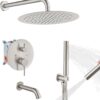 Airuida Round Shower System Set with Tub Spout,Wall Mount 3 Function Rain Shower Faucet Set,2 Functions Handheld Shower Tub Spout Tub Shower Combo Set Fixtures 12 Inches Shower Head Brushed Nickel
