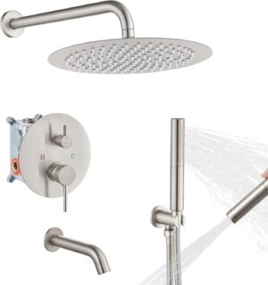 Airuida Round Shower System Set with Tub Spout,Wall Mount 3 Function Rain Shower Faucet Set,2 Functions Handheld Shower Tub Spout Tub Shower Combo Set Fixtures 12 Inches Shower Head Brushed Nickel