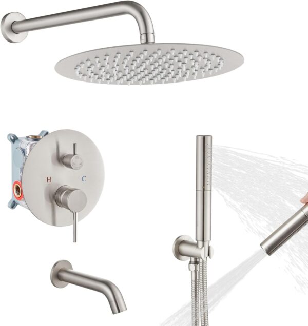Airuida Round Shower System Set with Tub Spout,Wall Mount 3 Function Rain Shower Faucet Set,2 Functions Handheld Shower Tub Spout Tub Shower Combo Set Fixtures 12 Inches Shower Head Brushed Nickel