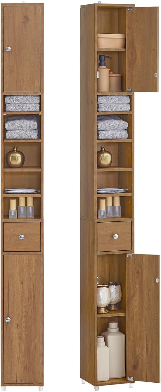 SoBuy Bathroom Narrow Storage Cabinet Skinny Tall Unit with Adjustable Shelves Slender Anti-Tipping Floor Standing Cupboard, Natural BZR34-PF
