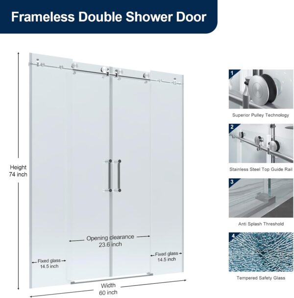 Double Sliding Shower Door 60" W x 74" H, Frameless Shower Enclosure 5/16" (8mm) Clear Tempered Glass, Stainless Steel Circular Guide Rail, Brushed Nickel Finished