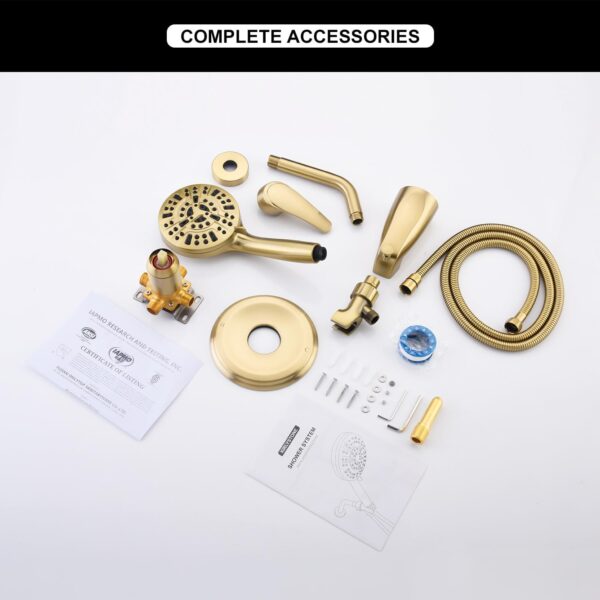 Tub Shower Faucet Combo, Brushed Gold Shower System 10 Patterns Handheld Shower Head with Tub Spout, Shower Trim Kit with Shower Head & Brass Valve