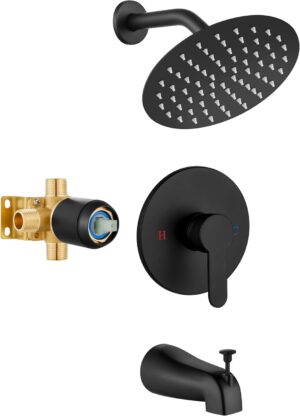 Airuida Shower Faucet Set with Tub Spout Bathtub Faucet Kit Shower Tub Faucet Set Complete Tub Shower Trim Kit with Solid Brass Rough-in Valve Rainfall Round 8 Inch Shower Head Matte Black