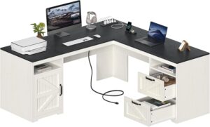 59" Farmhouse L Shaped Desk with Drawers & Storage Shelf, Corner Computer Desk with Power Outlets for Home Office, Executive Desk with Printer Shelf, Black and White