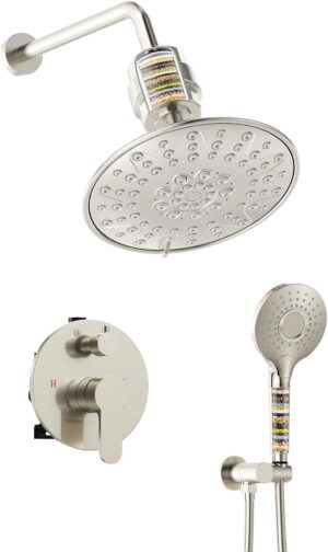 619AzQx7M0L._AC_SL1500_.jpg SunCleanse Shower System - 8 Inch Dual Filtered Rainfall Shower Head Combo - High Pressure 3 Spray Mode Showerhead-Included Rough in Valve and Trim Kit - Brushed Nickel