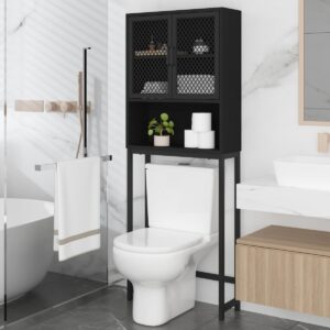 Over Toilet Organizer, Industrial Wood Metal Storage Shelf, Freestanding Cabinet with Rack, Black Oak
