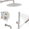 Airuida Round Shower System Set with Tub Spout,Wall Mount 3 Function Rain Shower Faucet Set,2 Functions Handheld Shower Tub Spout Tub Shower Combo Set Fixtures 10 Inches Shower Head Brushed Nickel