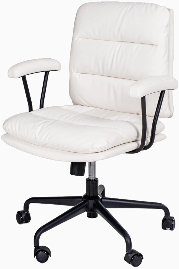 White Leather Desk Chair with Arms,Modern Office Chair with Lumbar Support,Removable Armrests, Height-Adjustable Swivel Medium Computer Chair for Home, Office, Dresser, Bedroom