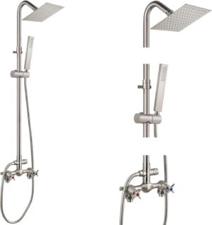 Aolemi Wall Mount Outdoor Shower Kit,Outdoor Shower Fixtures Faucet System with Handheld Spray,Double Handle 6 Inch Center Exposed Shower,with 6" Shower Head Brushed Nickel