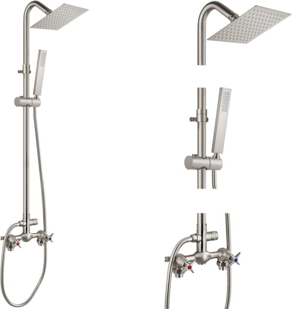Aolemi Wall Mount Outdoor Shower Kit,Outdoor Shower Fixtures Faucet System with Handheld Spray,Double Handle 6 Inch Center Exposed Shower,with 6" Shower Head Brushed Nickel