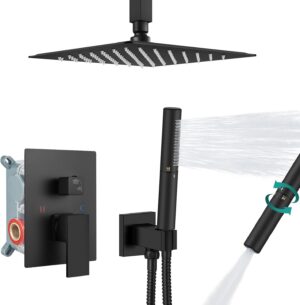 Aolemi Ceiling Mount Shower System with Rainfall Shower Head and Handheld,High Pressure Shower Faucet Set Fixture Combo with 2 in 1 Handheld Spray Rough-in Valve,8 Inch Shower Head Matte Black