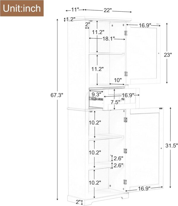 67.3“ Tall Linen Bathroom Storage Cabinet, Modern Linen Cabinet Freestanding with 2 Doors and 1 Drawer, Bathroom Organizers Storage, Shelves for Bathroom, Living Room, Anti-Tipping (White)