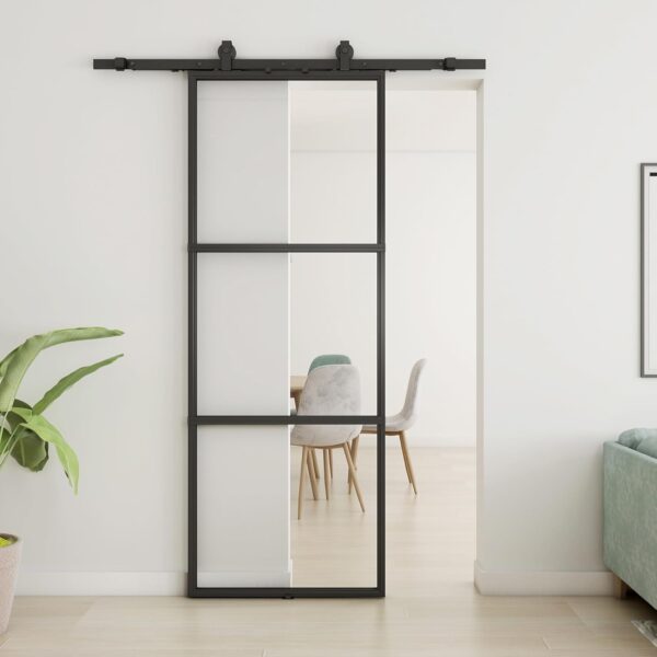 JUBEST 36in x 96in Glass Barn Door, Clear Tempered Glass Carbon Steel Pre Drilled Frame Sliding Barn Door Panel with 6FT Hardware Kit and Soft Close, Easy to Install