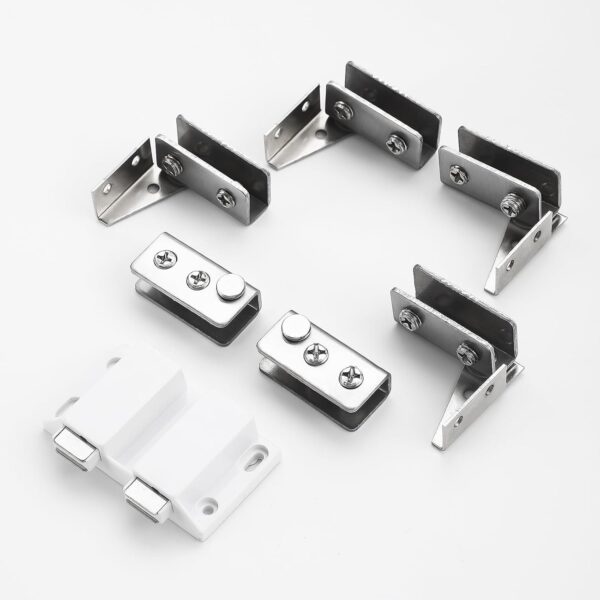 Stainless Steel Glass Door Hinge Double Head Magnetic Catch Closures with ABS Clamp Set for 5-7mm Glass Doors (1, White)