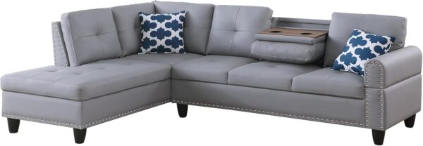 3 Piece Modular Sectional Sofa with Right Chaise, L-Shaped Nailhead Decor Faux Leather Upholstered 5 Seater Corner Sofa&Couch with Cupholders and Storage Ottoman for Home/Apartment/Office Living Room