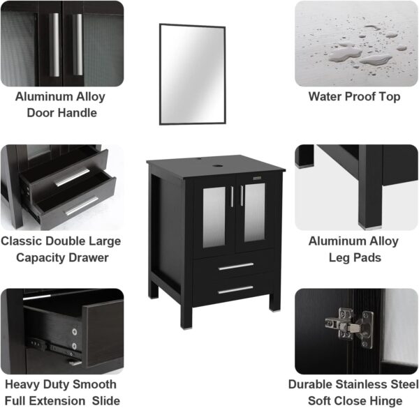 eclife 24" Modern Bathroom Vanity Sink Combo Black Stand Cabinet with Brown Boat Tempered Glass Vessel Sink & Water Save Faucet & Pop Up Drain (A29BR)