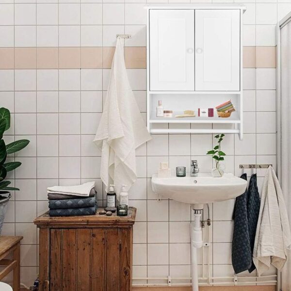 Wall Mounted Double Door Bathroom Cabinet,Modern Style Wall Hanging Bathroom Cabinet with Open Shelf and Towel Bar,19.3" L x 5.7" W x 25.6" H,White