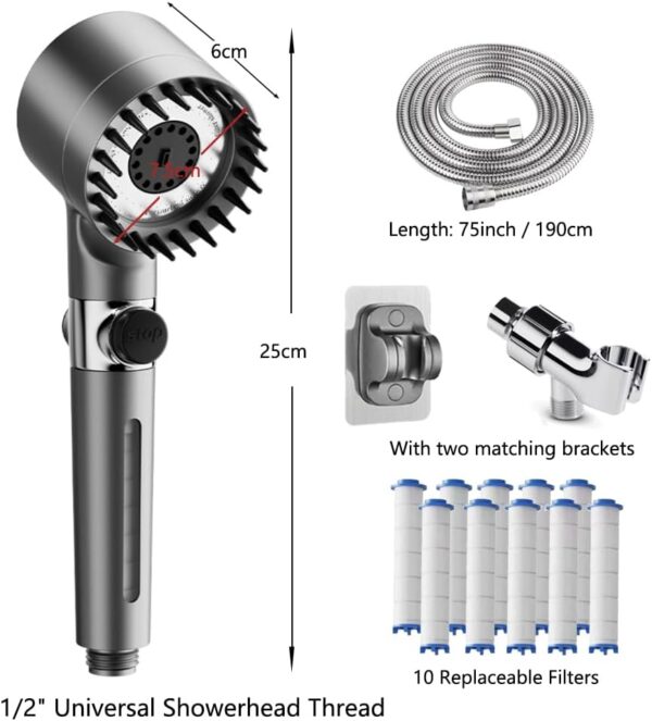 61DwJBKOVbL._AC_SL1102_.jpg Filtered Shower Head with Handheld & High Pressure - Ion Drops Shower Head with 75" Stainless Hose for Hard Water | 3 Spray Modes Shower with 10 Replaceable Filters