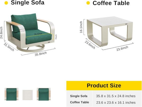 EAST OAK Signature 3 Pieces Patio Furniture Set, Outdoor Furniture with Aluminum Frame and Teak Wood Armrest, Thick Outdoor Sofa and Coffee Table, Modern Patio Conversation Set, Champagne Gold & Green
