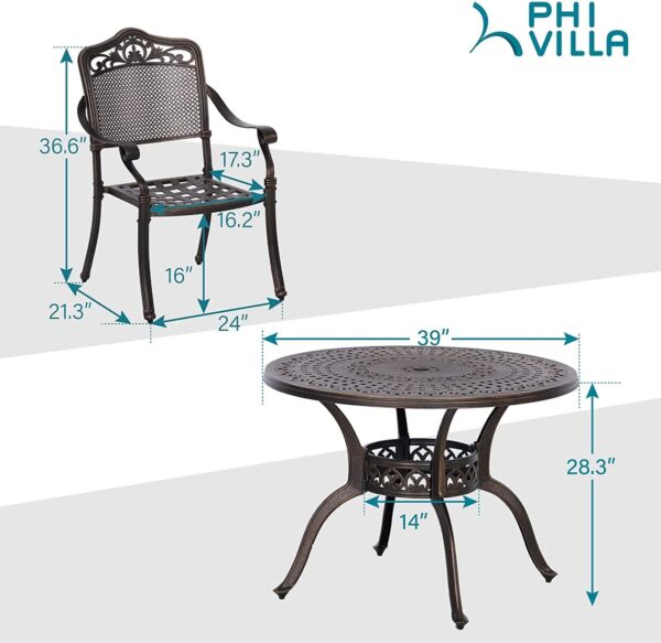 PHI VILLA 5 Piece Patio Dining Set for Outdoor, Cast Aluminum Round Patio Table and Chairs Set with Cast Aluminum Furniture Patio Chairs & 39" Round Dining Table for Yard, Golden Bronze