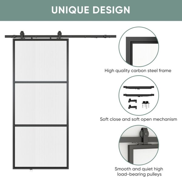 JUBEST Glass Barn Door 30in x 84in, Reeded Glass Carbon Steel Pre-Drilled Frame Sliding Barn Door Panel with 5FT Hardware Kit and Soft Close