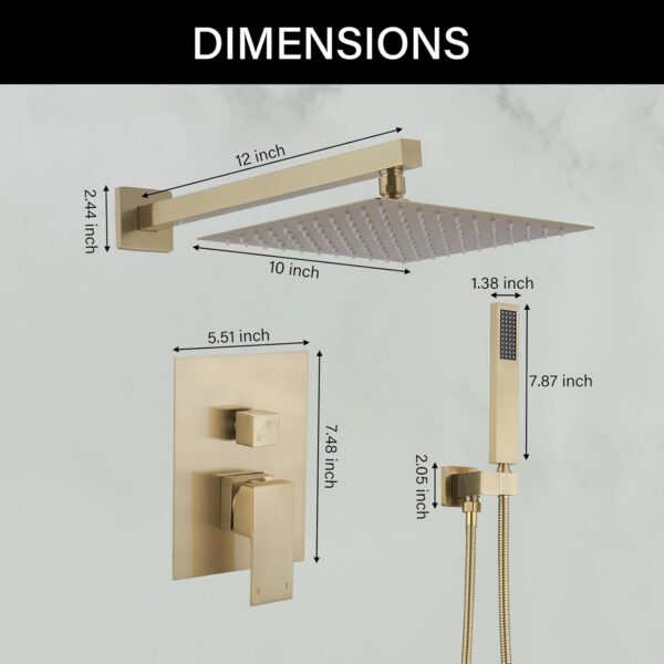 61F11JSirqL._AC_SL1500_.jpg BWE Shower Faucet Brushed Gold 12 Inch Square Bathroom Luxury Rain Mixer Shower Combo Set 2-Functions Wall Mounted Rainfall Shower Head System Rough-in Valve Body and Trim Included