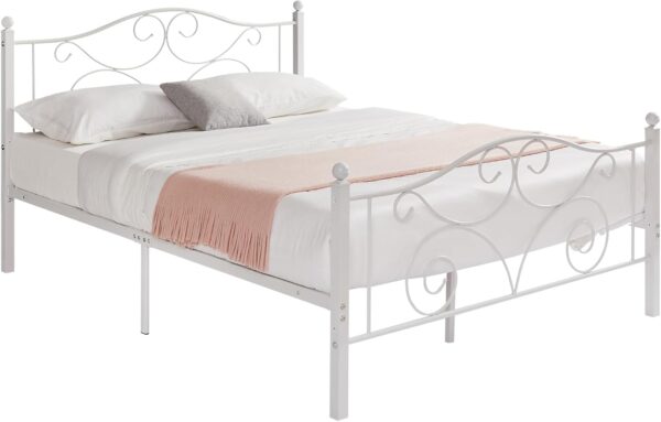 VECELO Queen Size Bed Frame with Headboard and Footboard, Heavy Duty Metal Slat Support, Platform Mattress Foundation, No Box Spring Needed, Easy Assembly, White