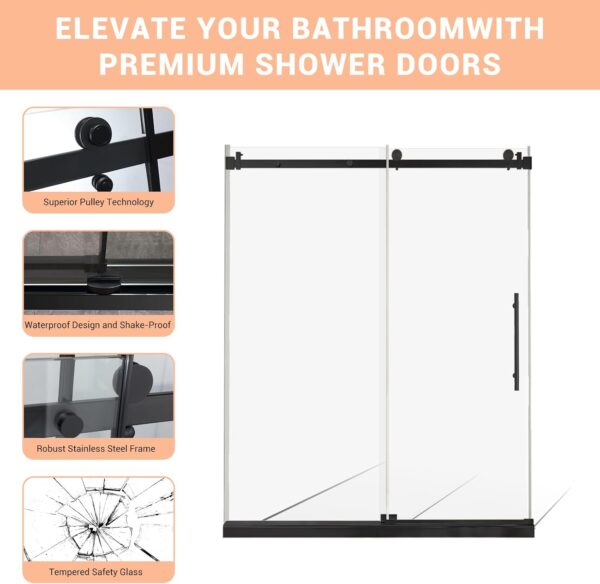 Shower Door, Sliding Shower Door with Explosion-Proof Film Clear Glass, Frameless Tempered Glass Shower Door with Stainless Steel Handle & Waterproof Seal Strip Parts