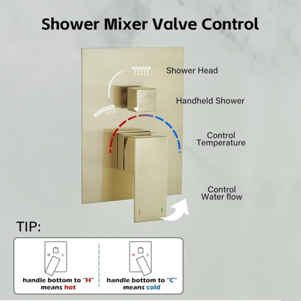 61FBBlWK-VL._AC_SL1500_.jpg BWE Shower Faucet Brushed Gold 12 Inch Square Bathroom Luxury Rain Mixer Shower Combo Set 2-Functions Wall Mounted Rainfall Shower Head System Rough-in Valve Body and Trim Included