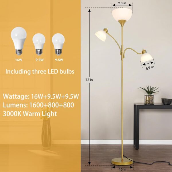 Floor Lamps for Living Room,Standing Lamp with Stepless Dimming, 3 Lights Adjustable Reading Lights, Morden Tall Lamps for Living Room, Bedroom, Office, Gold