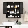 RELAX4LIFE Wall Bathroom Cabinet with Mirror - Wood Over The Toilet Storage Cabinet Space Saver w/2 Doors, Adjustable Shelf & Open Compartment, Modern Wall Mount Medicine Cabinet (Black)