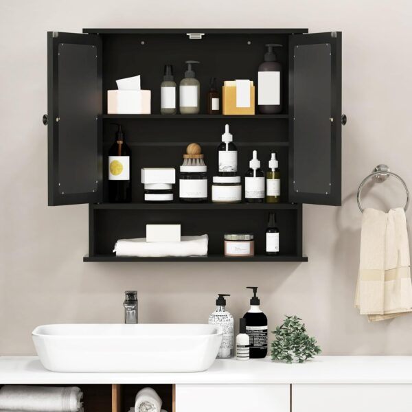 RELAX4LIFE Wall Bathroom Cabinet with Mirror - Wood Over The Toilet Storage Cabinet Space Saver w/2 Doors, Adjustable Shelf & Open Compartment, Modern Wall Mount Medicine Cabinet (Black)